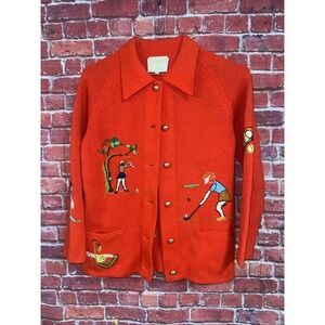 Vintage Andremo Argenti Orange Golf Embroidered Cardigan Sweater Gold Buttons M